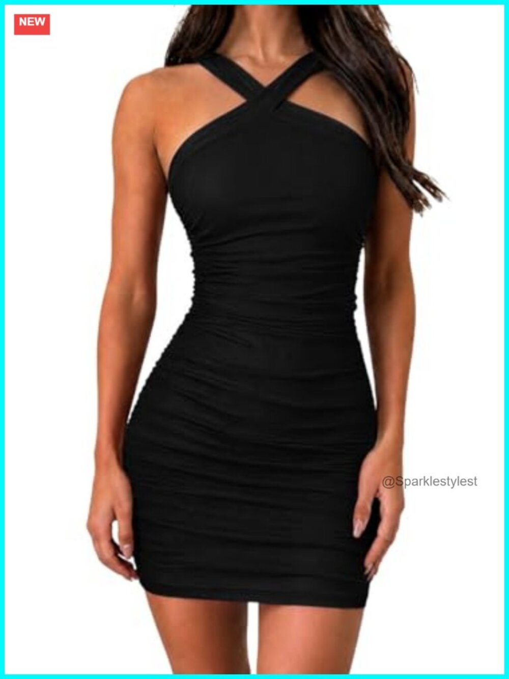 OWIN Women's Cross Halter Ruched Bodycon Mini Dress Mesh Cocktail Party Club